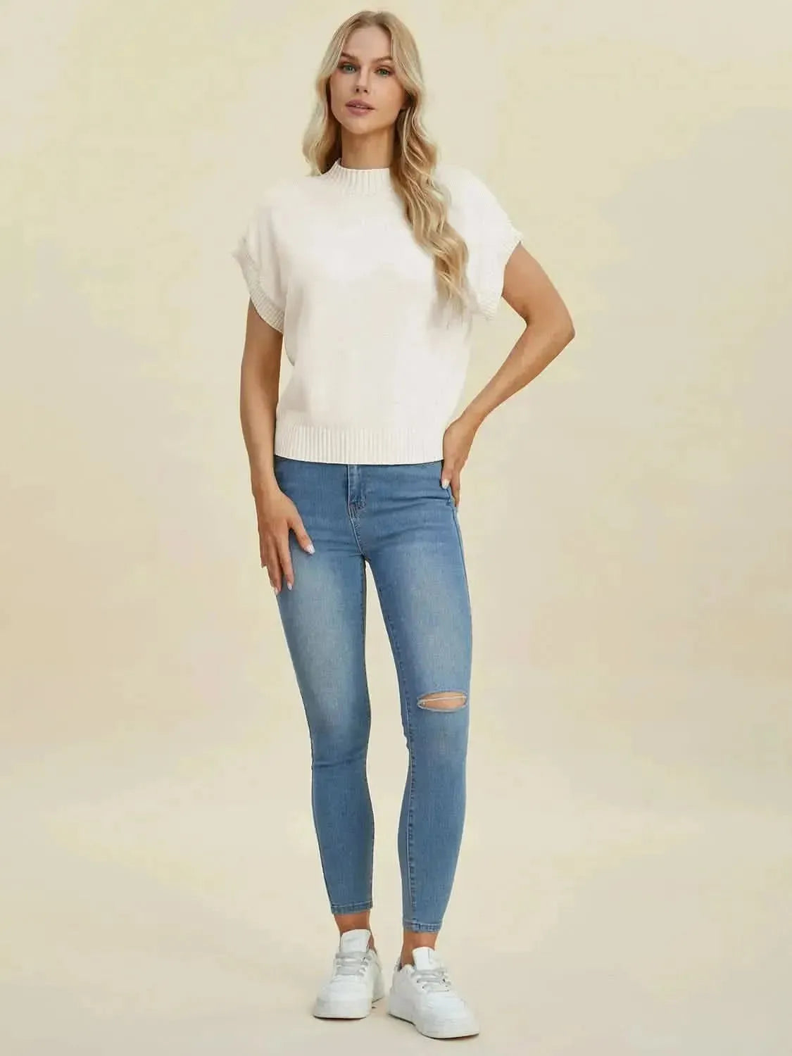 Double Take Full Size Mock Neck Short Sleeve Sweater - Bad Moms Club