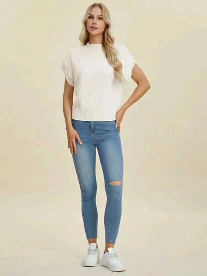 Double Take Full Size Mock Neck Short Sleeve Sweater - Bad Moms Club