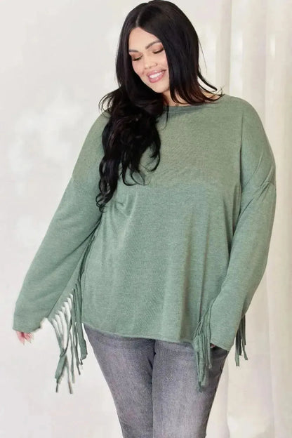 Celeste Full Size Fringe Detail Long Sleeve Top - Bad Moms Club