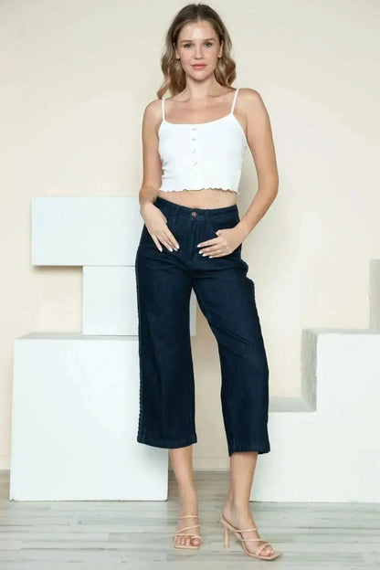 Judy Blue Full Size Side Seam Braid Detail Crop Wide Leg Jeans - Bad Moms Club