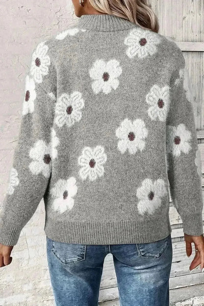 Flower Half Zip Long Sleeve Sweater - Bad Moms Club