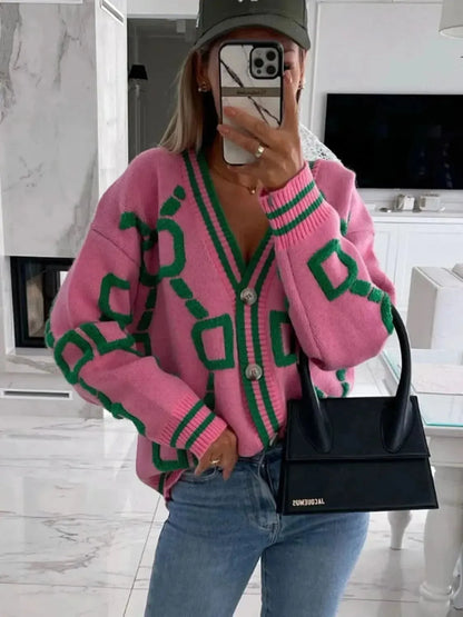 Geometric Dropped Shoulder Button Down Cardigan - Bad Moms Club