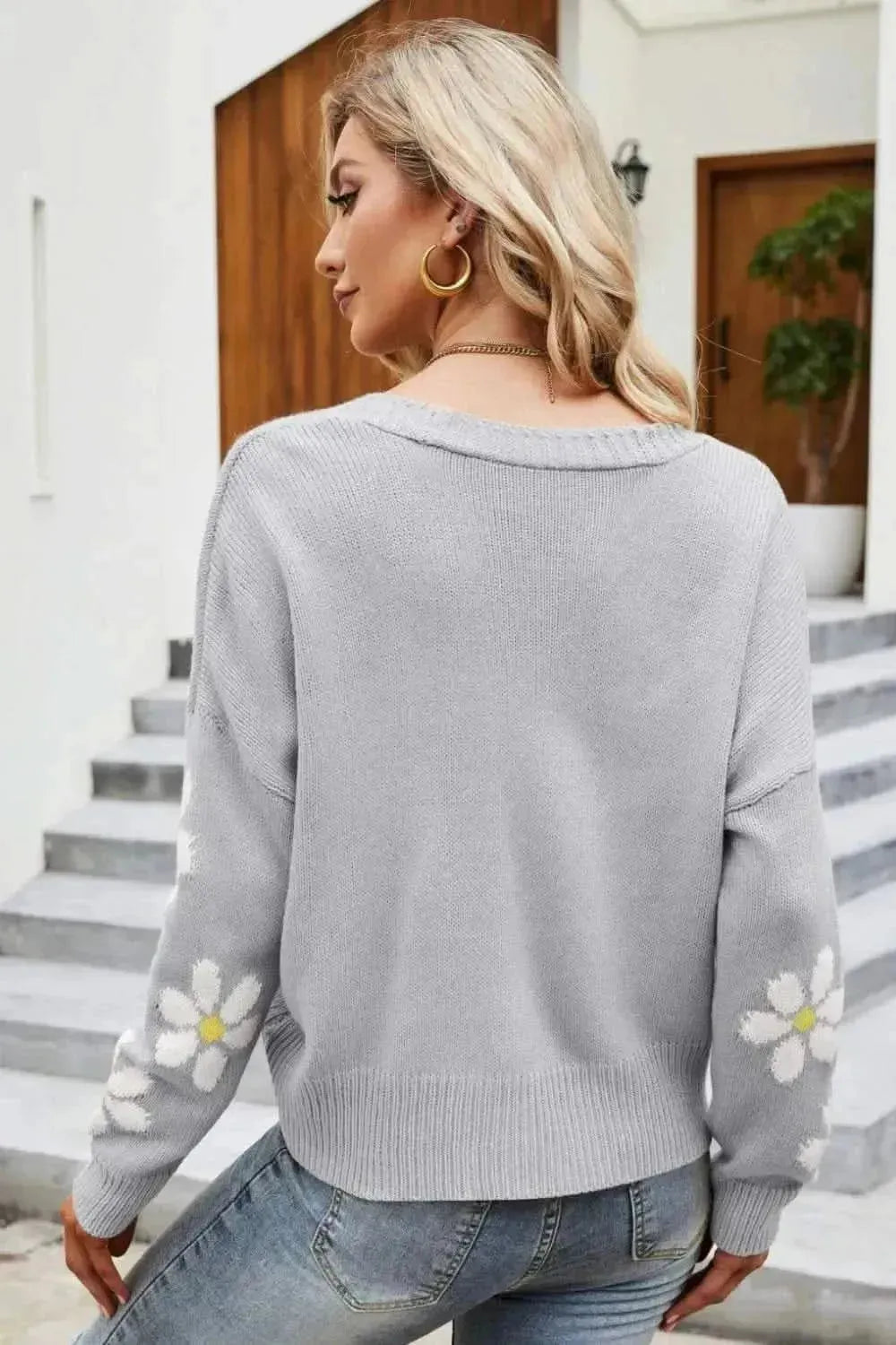Floral Ribbed Trim Drop Shoulder Cardigan - Bad Moms Club