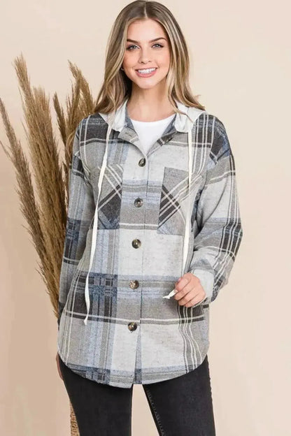 Reborn J Plaid Button Up Drawstring Hooded Jacket - Bad Moms Club