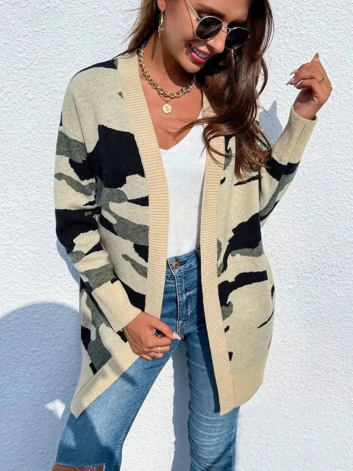 Camouflaged Dropped Shoulder Open Front Cardigan - Bad Moms Club