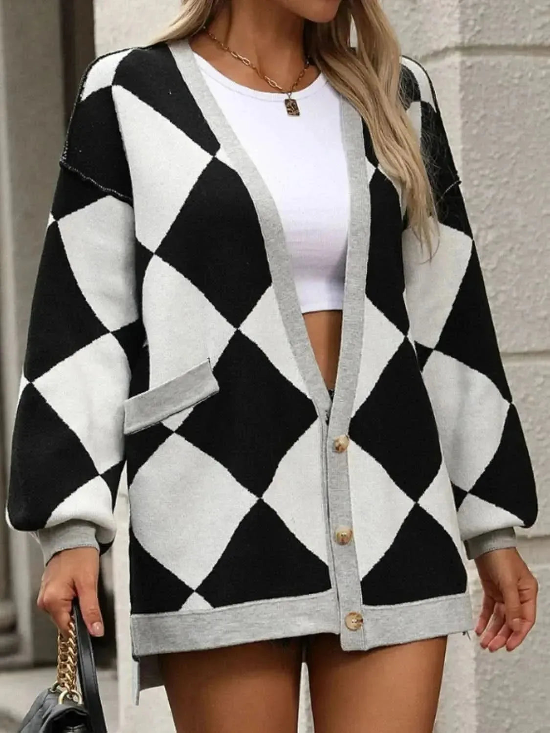 Checkered Dropped Shoulder Long Sleeve Cardigan - Bad Moms Club