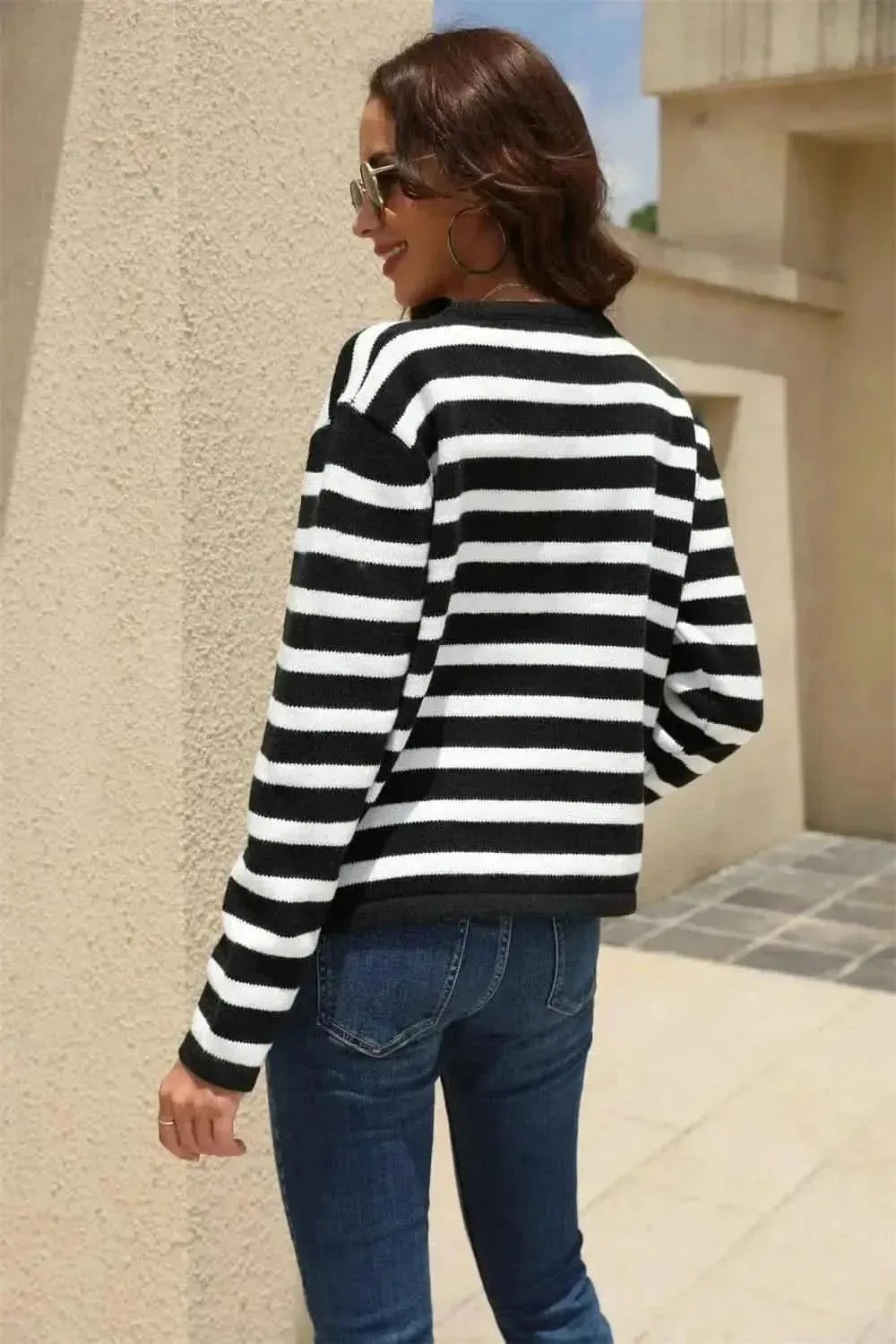 Striped Round Neck Button-Down Dropped Shoulder Cardigan - Bad Moms Club