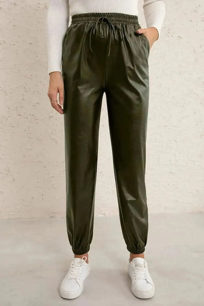 Ivy Lane Elastic Waist PU Leather Joggers - Bad Moms Club