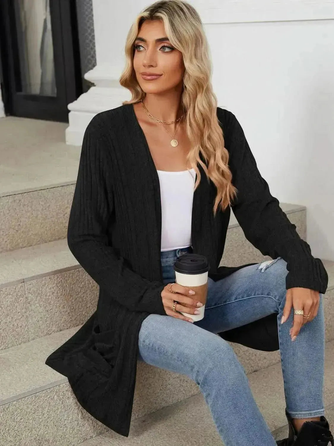 Pocketed Open Front Long Sleeve Cardigan - Bad Moms Club