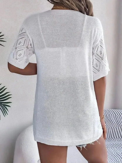 Openwork Open Front Half Sleeve Cardigan - Bad Moms Club