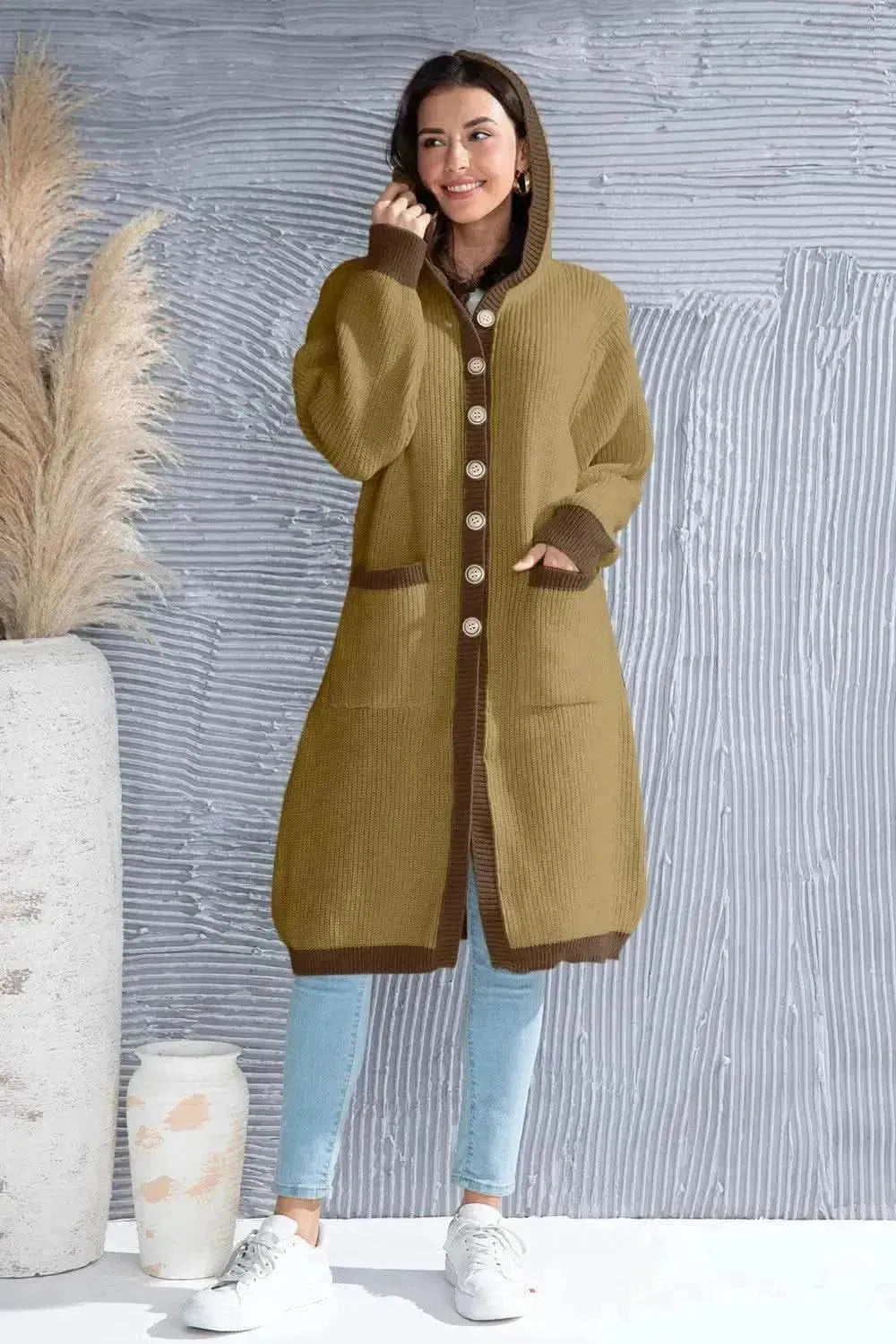 Button Up Contrast Trim Hooded Cardigan - Bad Moms Club