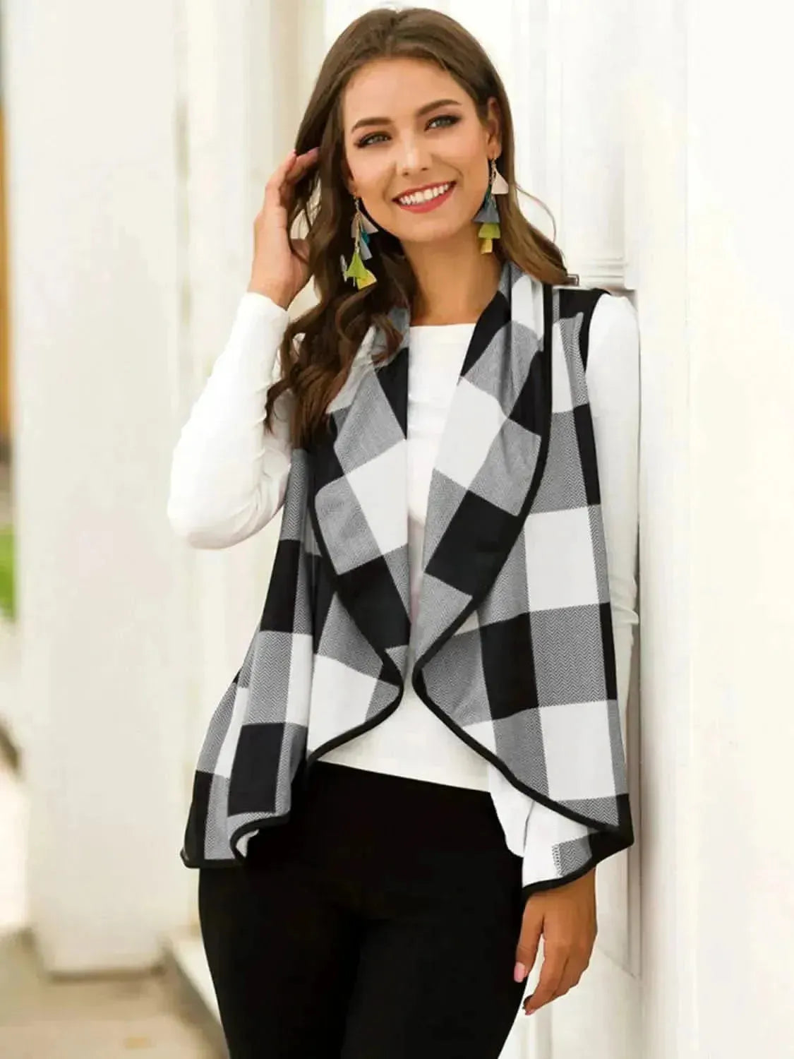 Plaid Open Front Sleeveless Cardigan - Bad Moms Club