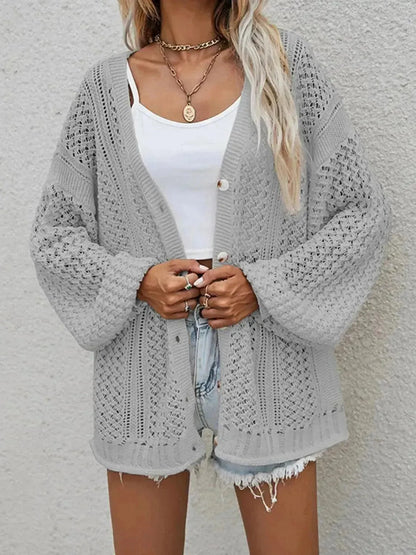 Openwork Button Front Cardigan - Bad Moms Club