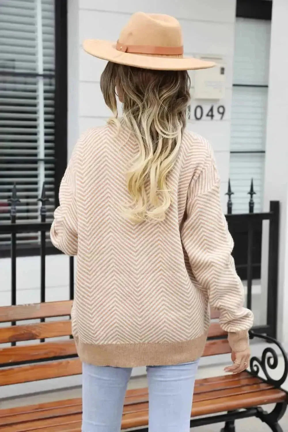Striped V-Neck Dropped Shoulder Button-Up Cardigan - Bad Moms Club