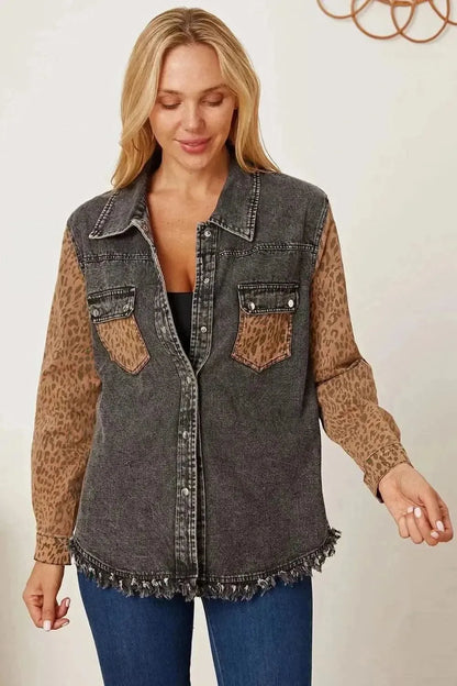MeiMei Leopard Raw Hem Pocketed Denim Jacket - Bad Moms Club