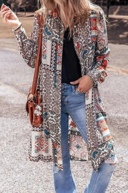 Printed Open Front Collared Neck Cardigan - Bad Moms Club