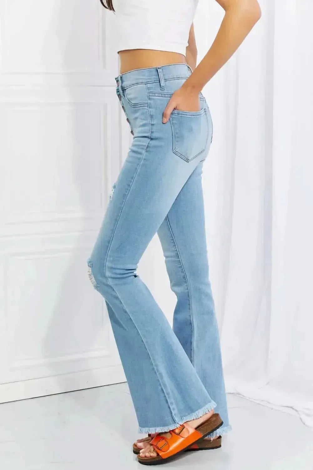 Vibrant MIU Full Size Jess Button Flare Jeans - Bad Moms Club