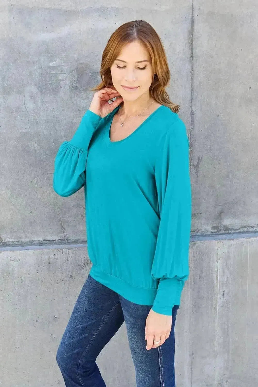 Basic Bae Full Size V-Neck Lantern Sleeve Top - Bad Moms Club