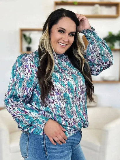 Double Take Full Size Printed Smocked Long Sleeve Blouse - Bad Moms Club