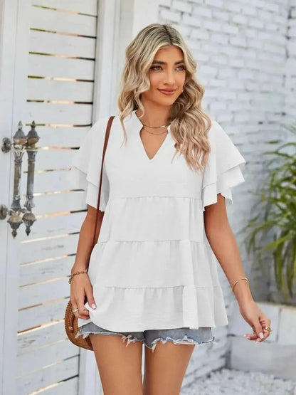 Tiered Notched Short Sleeve Blouse - Bad Moms Club