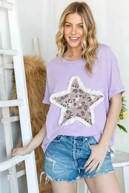 HOPELY Leopard Star Patch Short Sleeve T-Shirt - Bad Moms Club