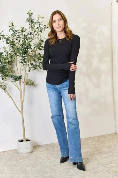 Culture Code Full Size Ribbed Round Neck Long Sleeve Top - Bad Moms Club