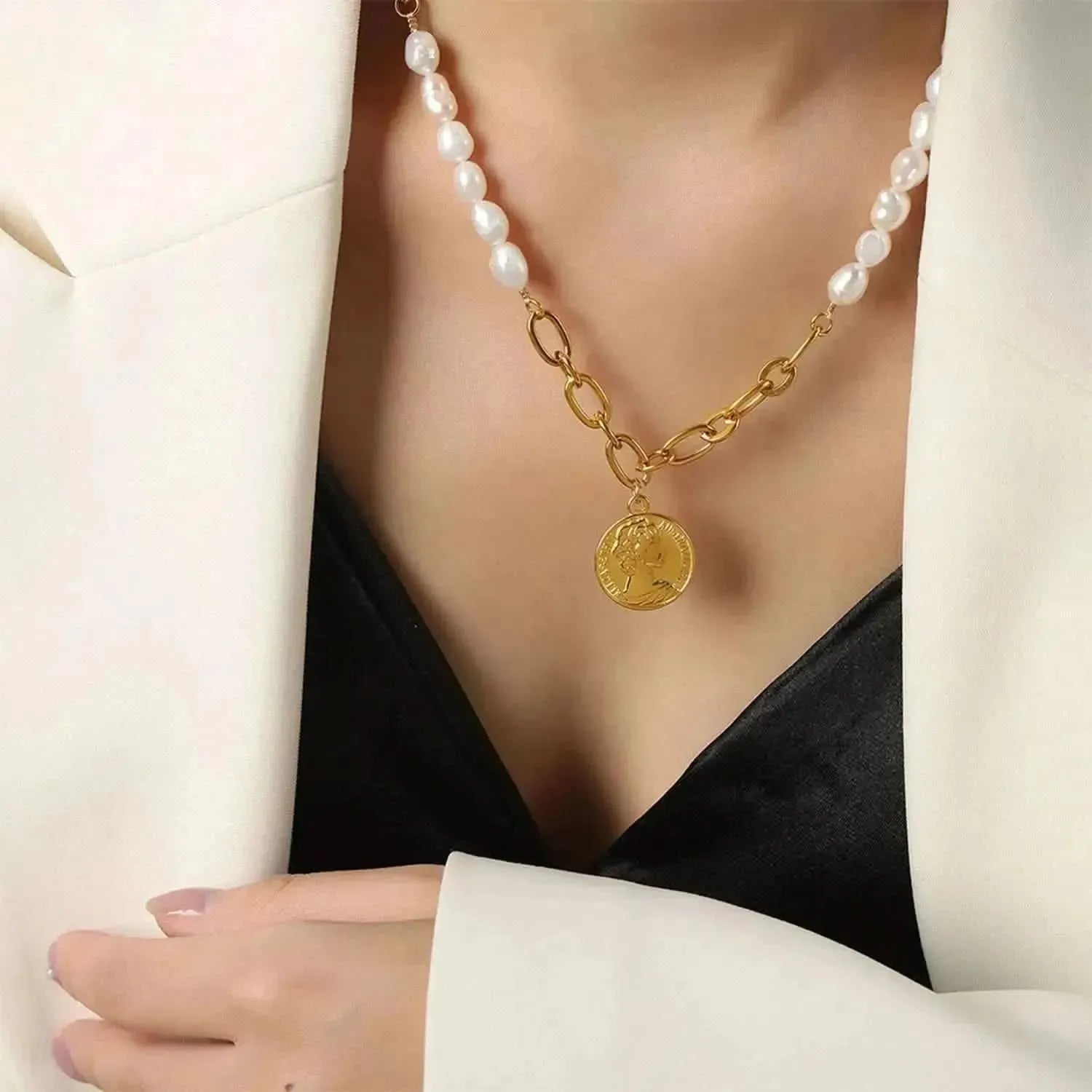 Coin pendant Pearl Titanium Steel Necklace - Bad Moms Club