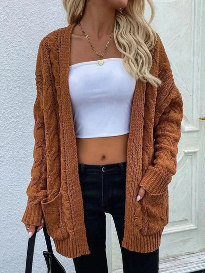 Woven Right Cable-Knit Open Front Cardigan with Front Pockets - Bad Moms Club