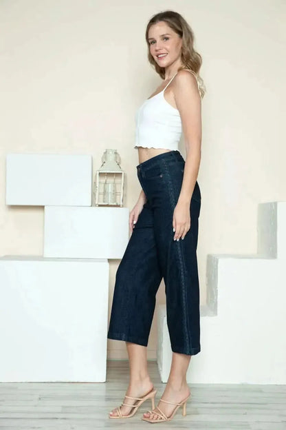 Judy Blue Full Size Side Seam Braid Detail Crop Wide Leg Jeans - Bad Moms Club