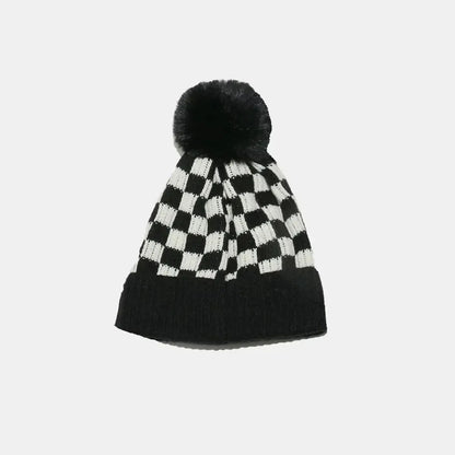 Checkered Knit Hat with Pompom - Bad Moms Club