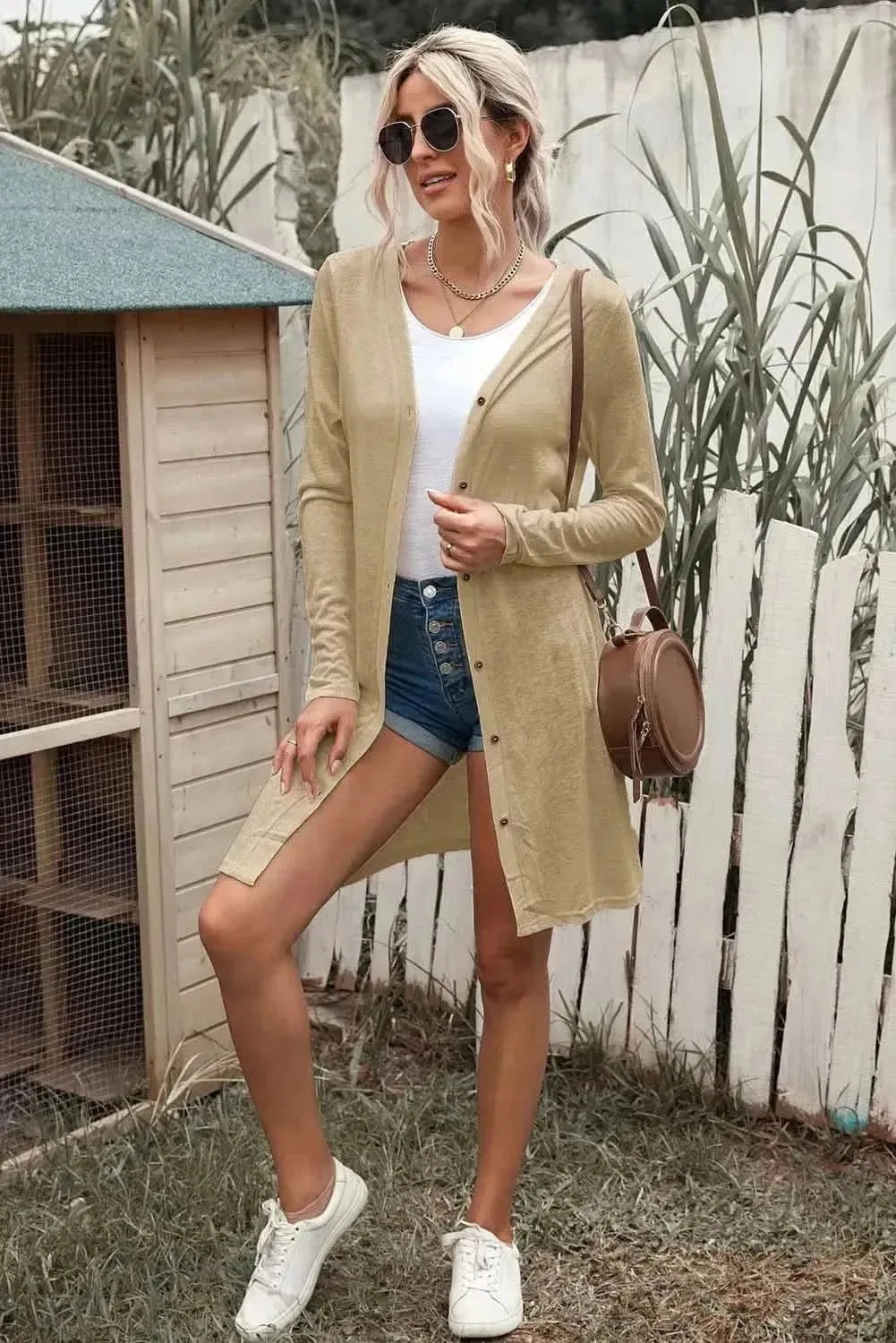 Double Take Button Down Long Sleeve Longline Cardigan - Bad Moms Club