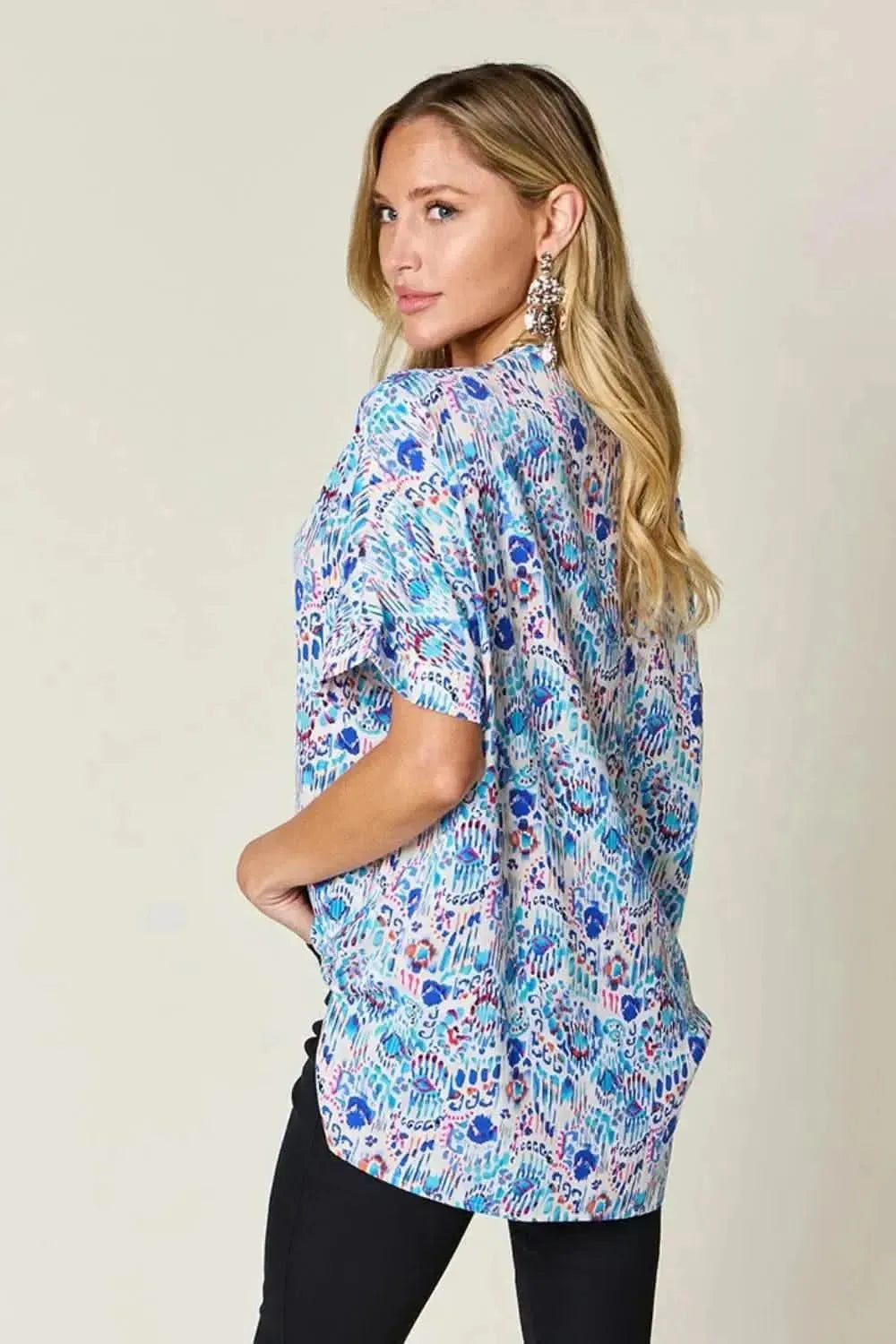 Double Take Full Size Printed V-Neck Short Sleeve Blouse - Bad Moms Club