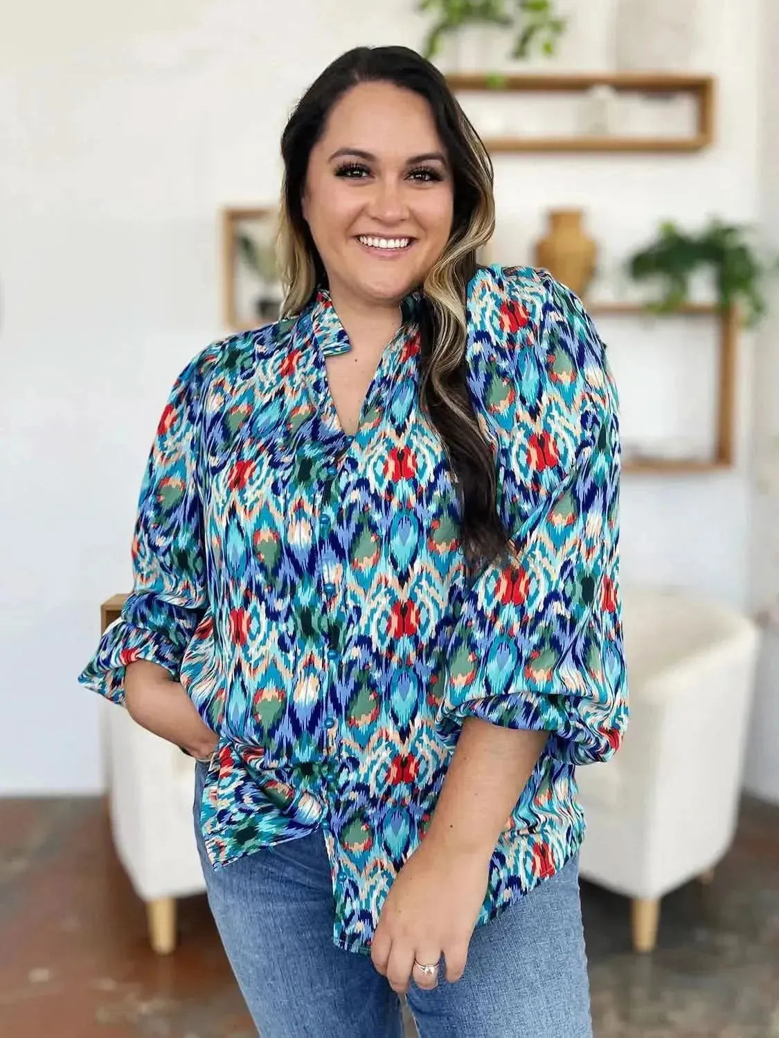 Double Take Full Size Printed Balloon Sleeve Blouse - Bad Moms Club