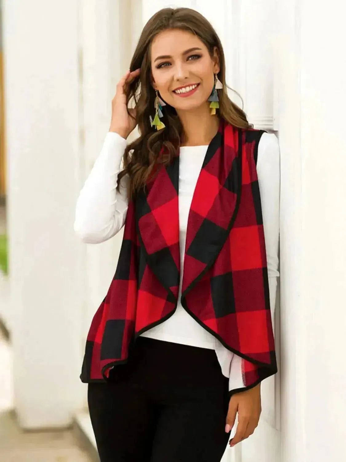Plaid Open Front Sleeveless Cardigan - Bad Moms Club