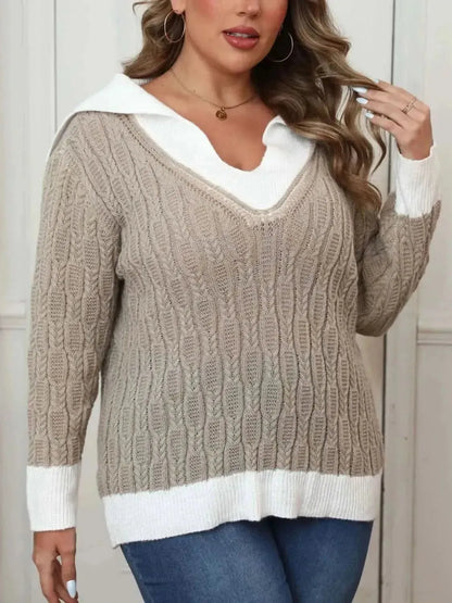 Plus Size Contrast Trim Collared Neck Sweater - Bad Moms Club