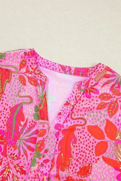 Printed Notched Short Sleeve Top - Bad Moms Club