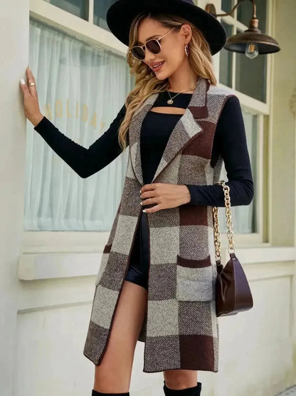 Plaid Lapel Collar Sleeveless Cardigan - Bad Moms Club