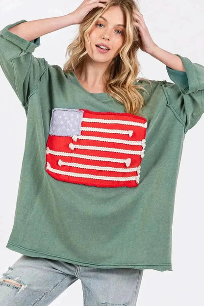 SAGE + FIG Full Size American Flag Patch Drop Shoulder T-Shirt - Bad Moms Club