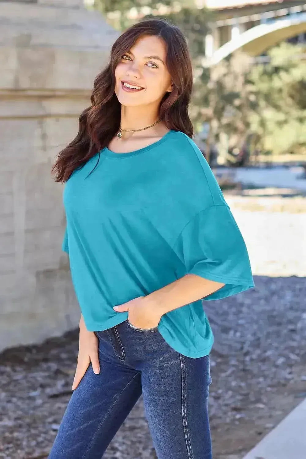 Basic Bae Full Size Round Neck Drop Shoulder T-Shirt - Bad Moms Club