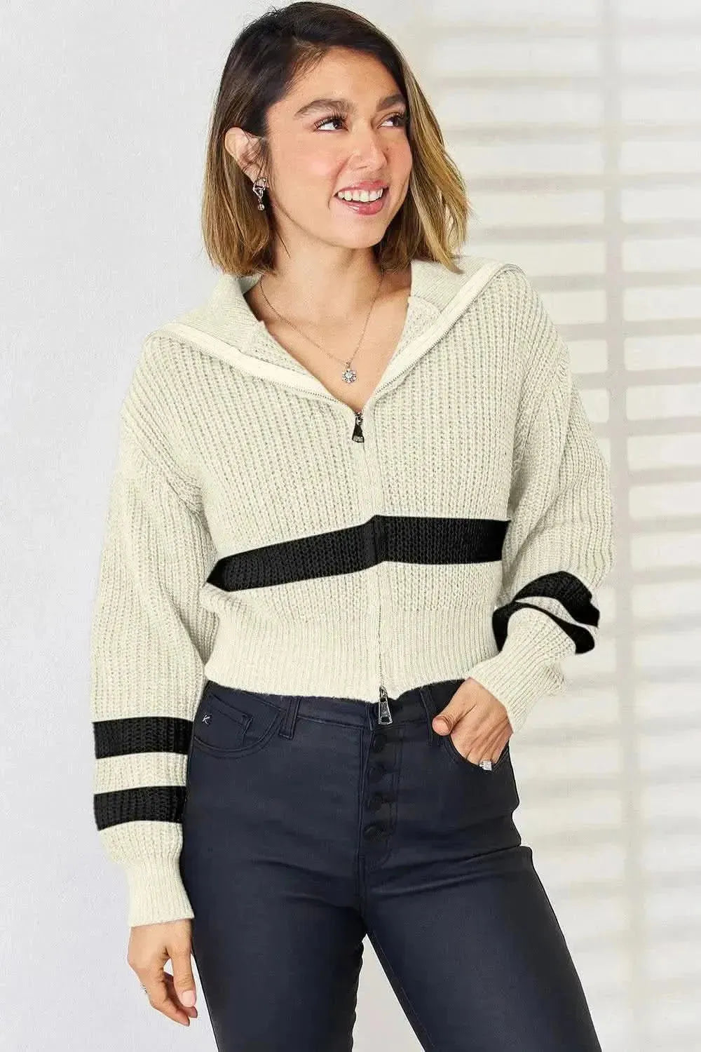 Striped Zip Up Dropped Shoulder Cardigan - Bad Moms Club