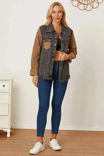 MeiMei Leopard Raw Hem Pocketed Denim Jacket - Bad Moms Club
