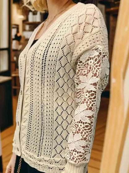 Eyelet Button Up Lantern Sleeve Cardigan - Bad Moms Club