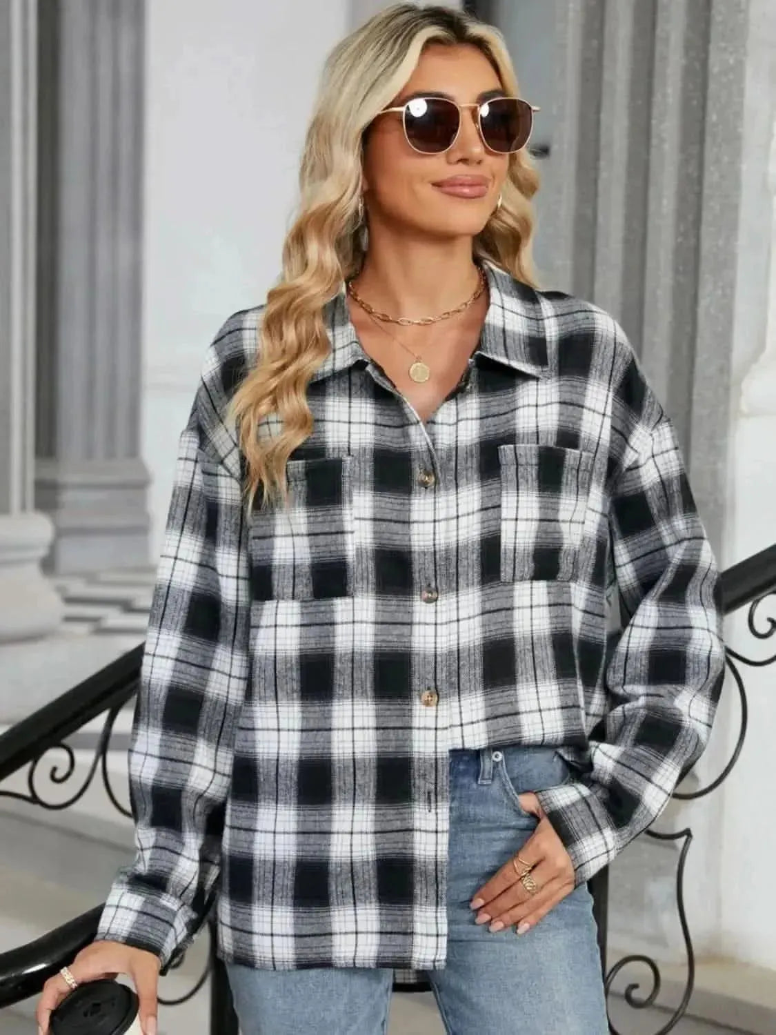Plaid Collared Neck Long Sleeve Shirt - Bad Moms Club