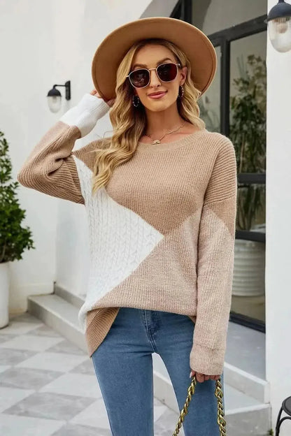 Color Block Round Neck Sweater - Bad Moms Club