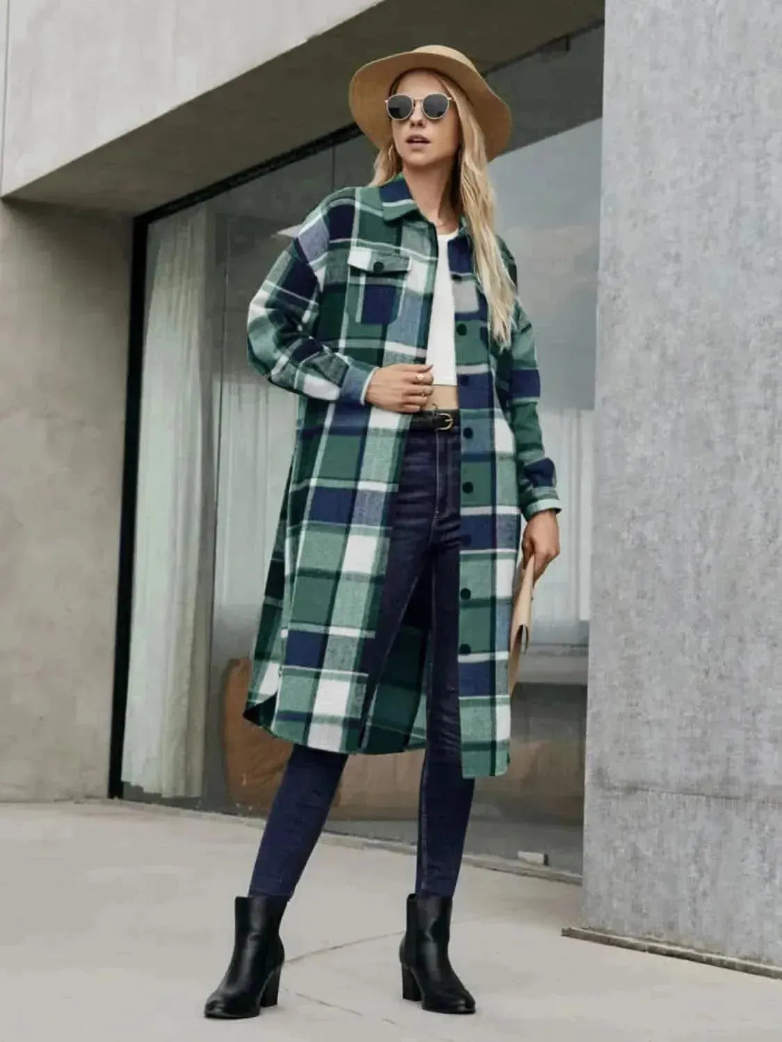 Plaid Pocketed Button Up Trench Coat - Bad Moms Club