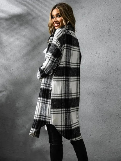 Plaid Collared Neck Long Sleeve Coat - Bad Moms Club