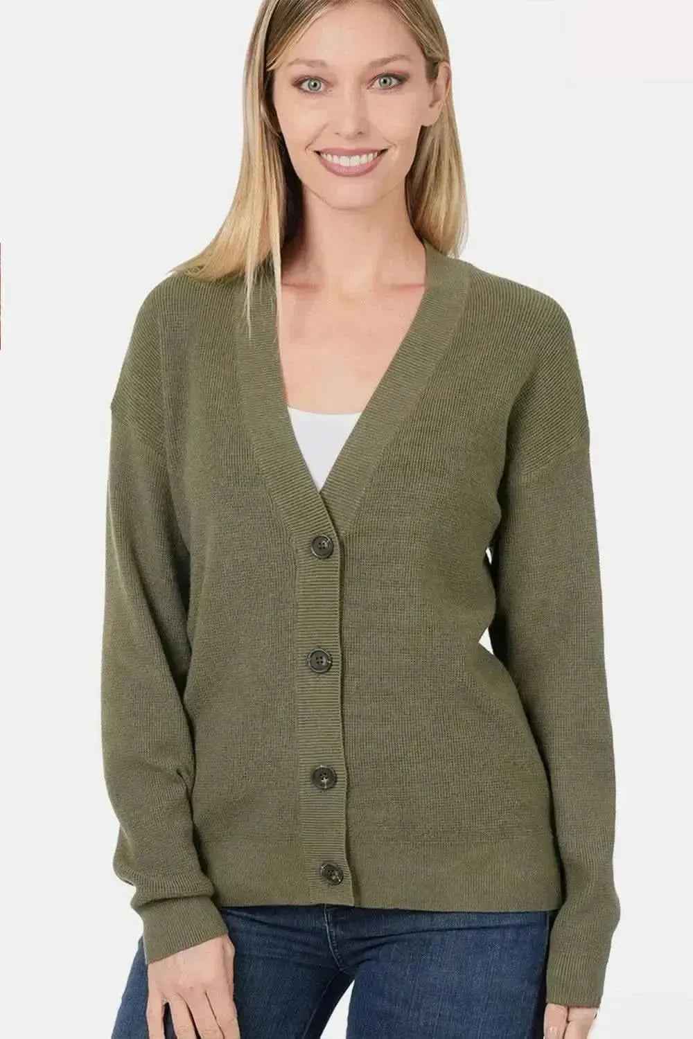 Zenana Button Up V-Neck Dropped Shoulder Cardigan - Bad Moms Club