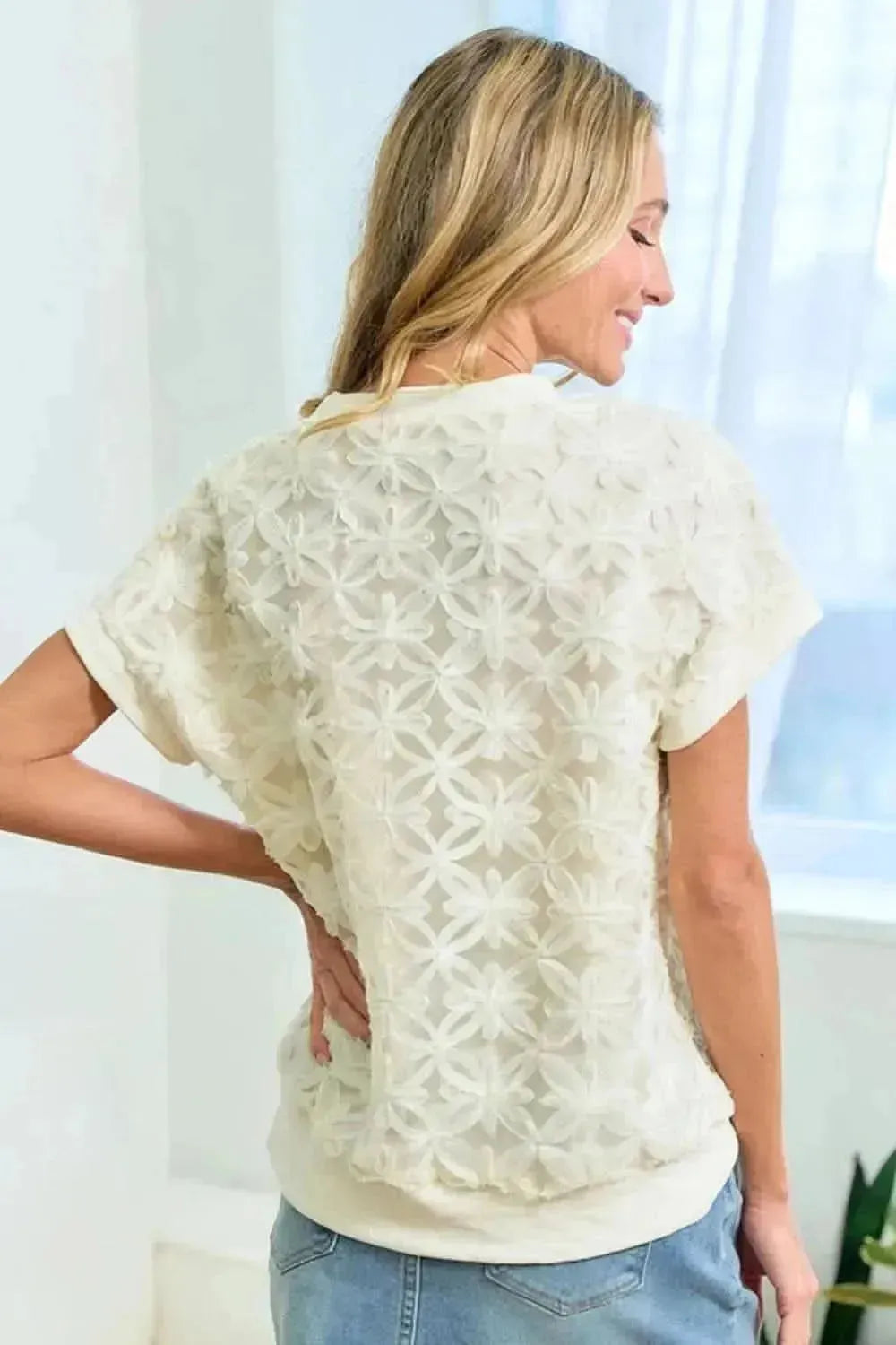 First Love 3D Mesh Flower Round Neck Short Sleeve Top - Bad Moms Club