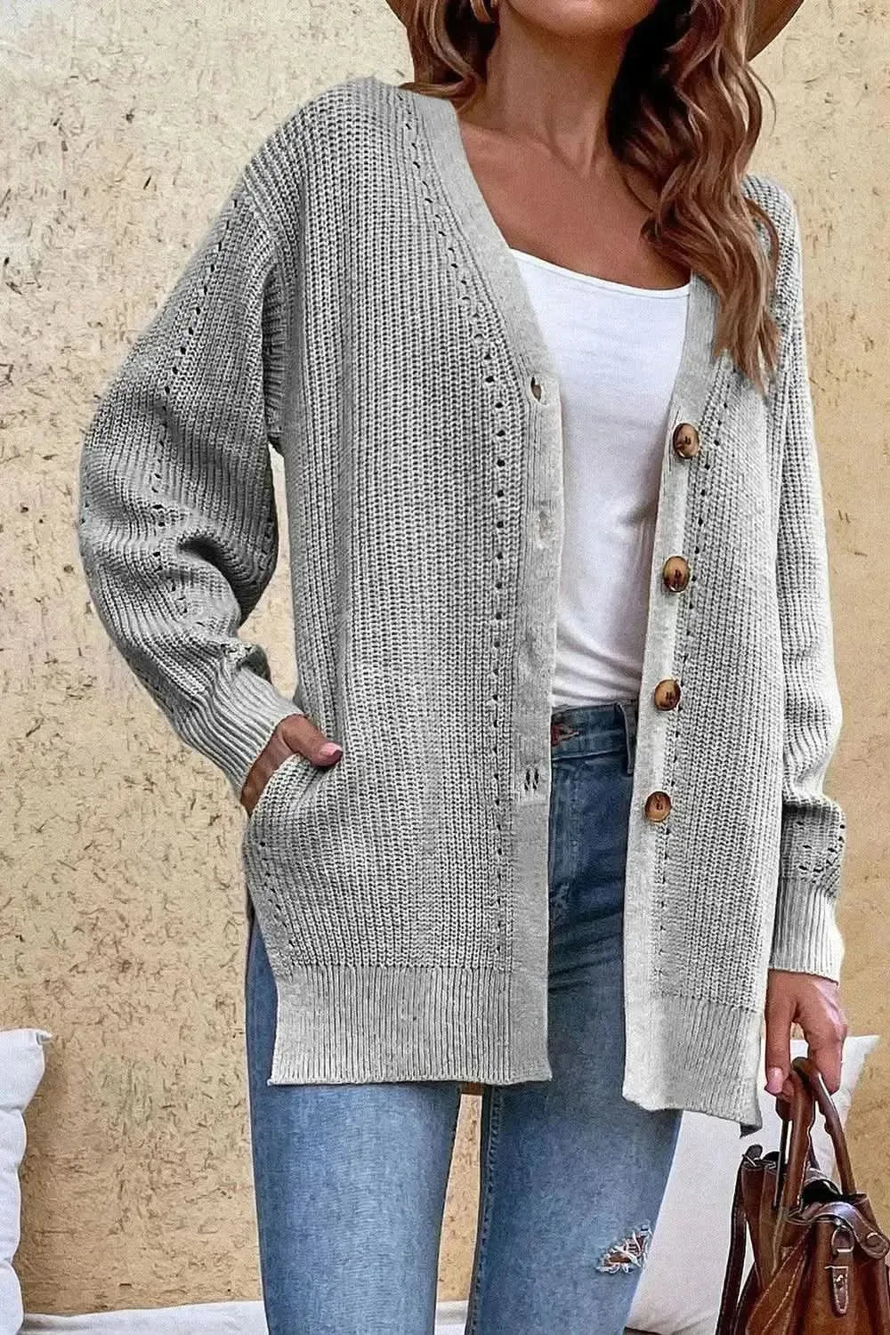 V-Neck Openwork Long Sleeve Cardigan - Bad Moms Club