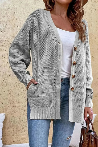 V-Neck Openwork Long Sleeve Cardigan - Bad Moms Club